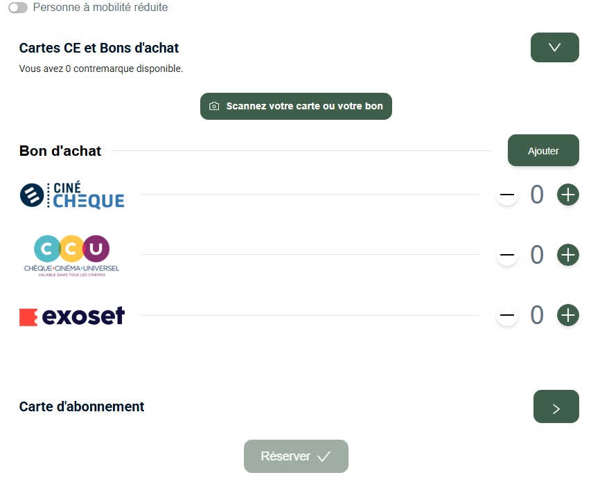 Sélection du type de carte pour la réservation